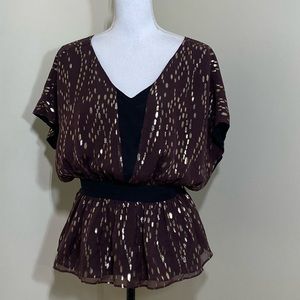 Anthropologie The Addison Story Brown & Gold Flattering Silk/Lurex Blouse Sz S